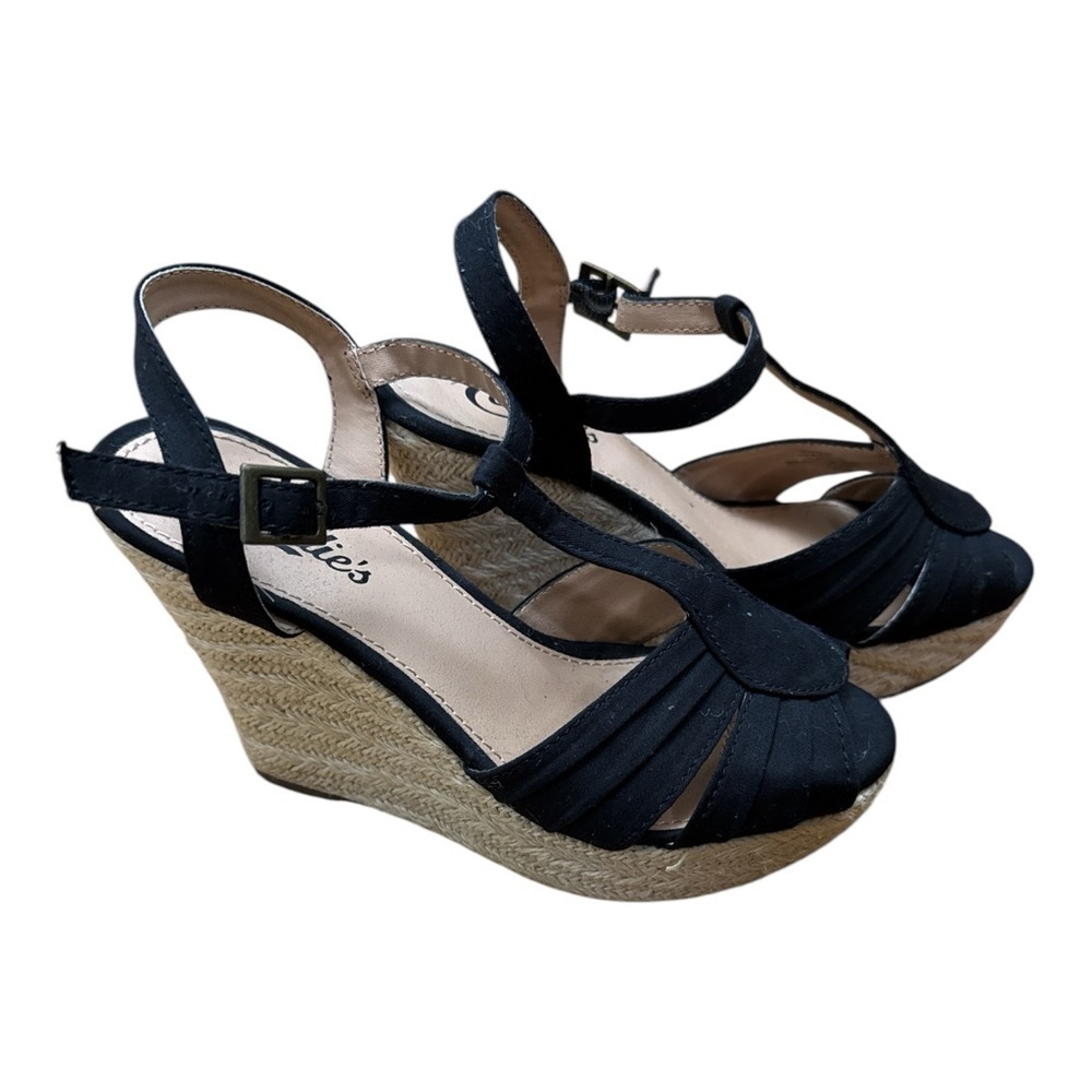 Candie's Black Wedge Sandals with Ankle Strap - Picture 2 of 6
